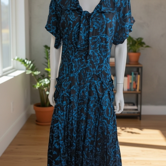 Karen Alexander Vintage Chic Black and Blue Floral Midi Dress - Picture 2 of 13